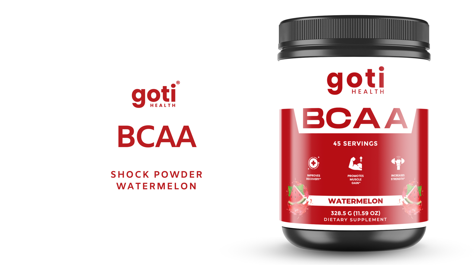 Goti Health BCAA Watermelon – fast-absorbing BCAA formula for muscle recovery, growth, and endurance, with a refreshing watermelon flavor