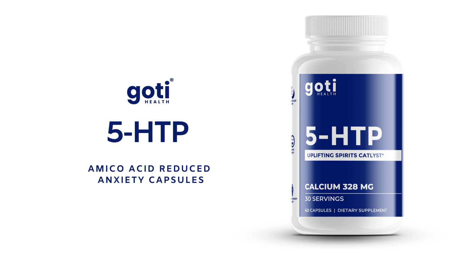 Goti Health 5-HTP supplement bottle, natural mood booster, promotes sleep, weight management, and anxiety relief.