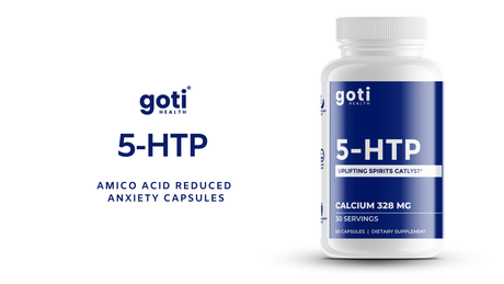 Goti Health 5-HTP supplement bottle, natural mood booster, promotes sleep, weight management, and anxiety relief.