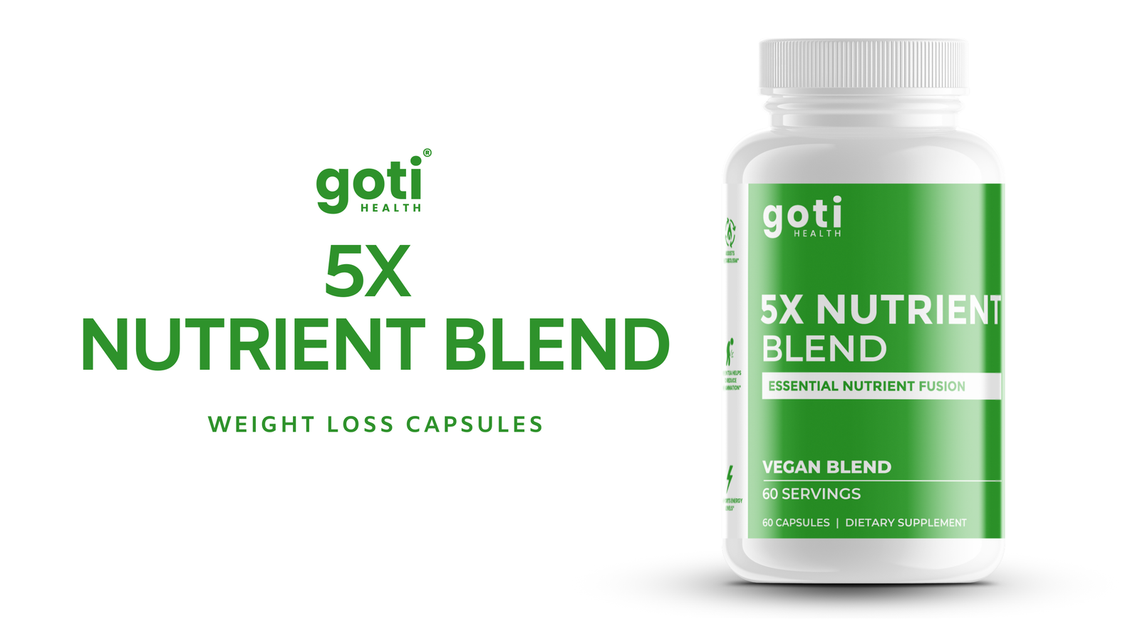 Goti Health 5X Nutrient Blend supplement bottle, featuring immune support, energy boost, and heart health benefits.